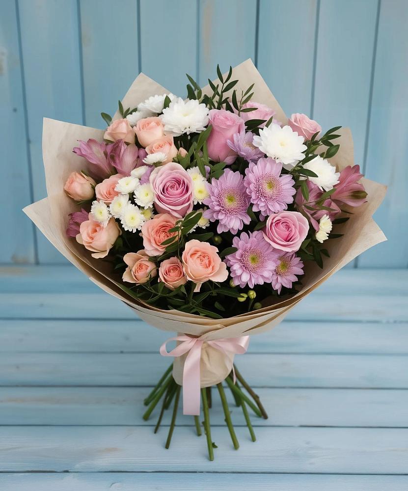 Букет цветов из: Хризантемы, Розы и Альстромерии в Бродовом
