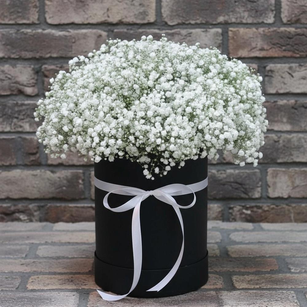 Цветочная композиция из Гипсофила в шляпной коробке в Бродовом