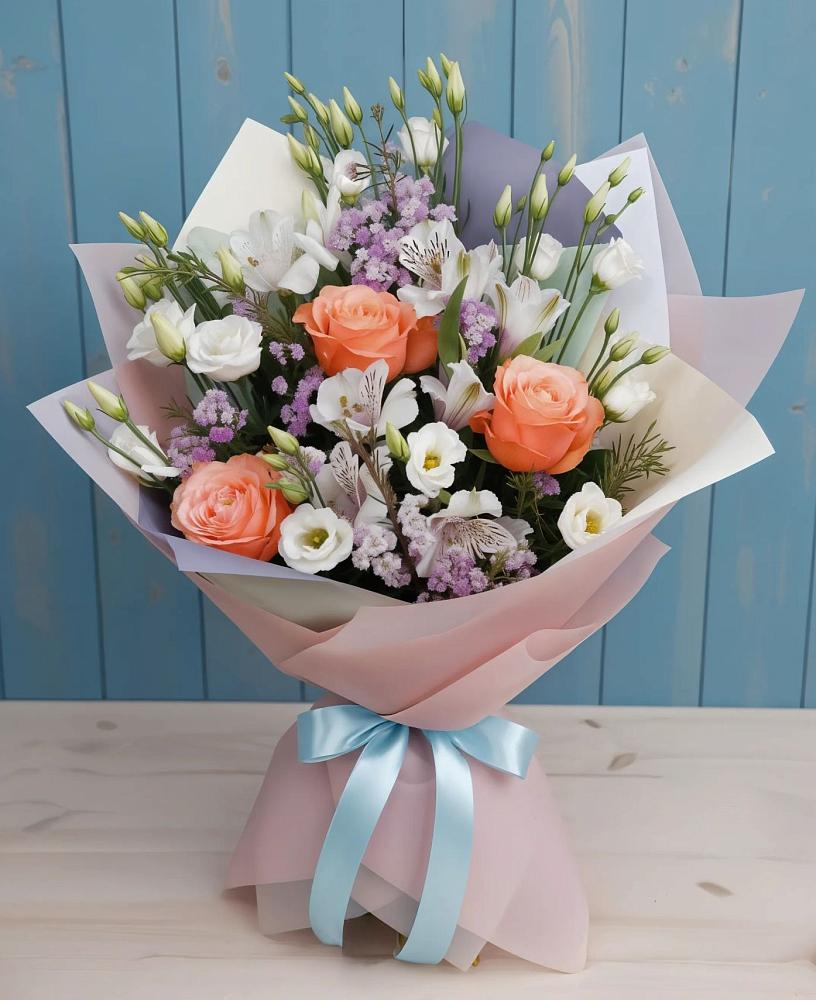 Букет цветов из: Лизиантусы, Розы, Альстромерии и Гипсофила в Бродовом