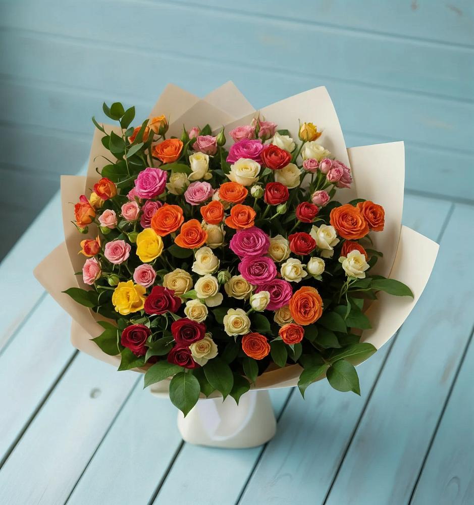Букет Микс из разноцветных кустовых роз в Бродовом