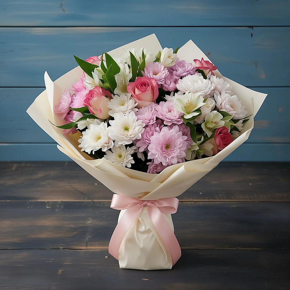 Букет цветов из: Хризантемы, Альстромерии и Розы в Бродовом